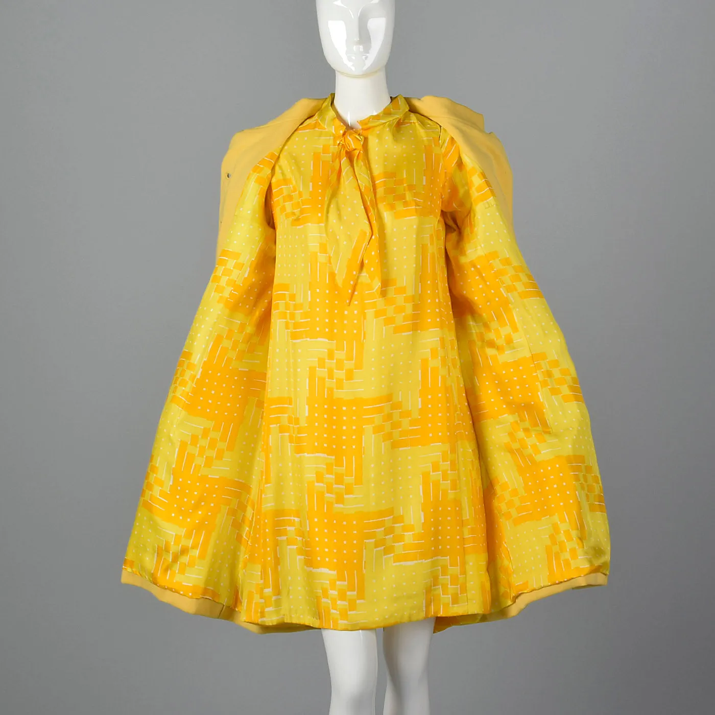 1960s Pat Sandler Bonwit Teller Yellow Silk Dress and Coat Set