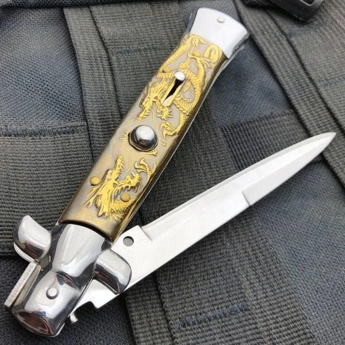 9.5" Italian Style Stiletto Switch Blade Pocket Knife Dragon