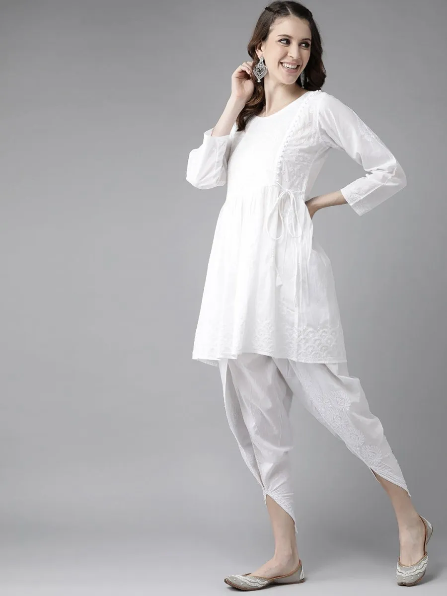 ADA Women White Cotton Sustainable Hand Embroidered Chikankari A-line Handloom Kurta & Dhoti Pants