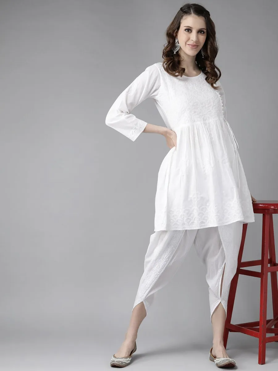 ADA Women White Cotton Sustainable Hand Embroidered Chikankari A-line Handloom Kurta & Dhoti Pants