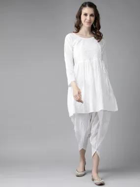 ADA Women White Cotton Sustainable Hand Embroidered Chikankari A-line Handloom Kurta & Dhoti Pants