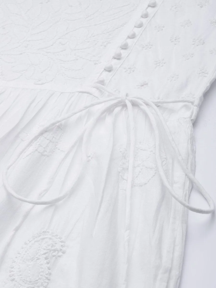 ADA Women White Cotton Sustainable Hand Embroidered Chikankari A-line Handloom Kurta & Dhoti Pants