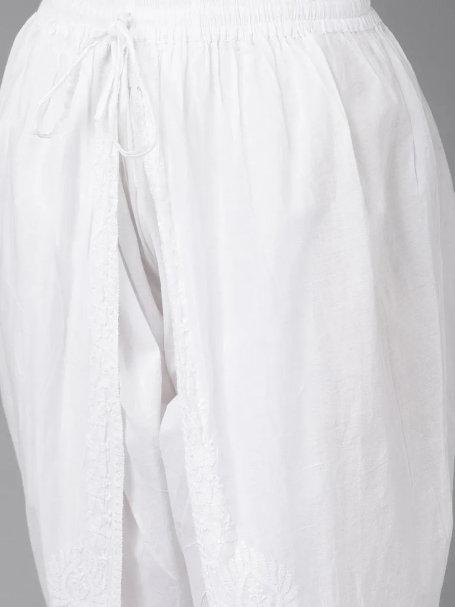 ADA Women White Cotton Sustainable Hand Embroidered Chikankari A-line Handloom Kurta & Dhoti Pants