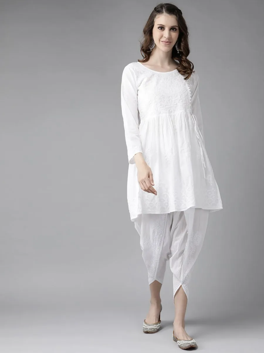 ADA Women White Cotton Sustainable Hand Embroidered Chikankari A-line Handloom Kurta & Dhoti Pants