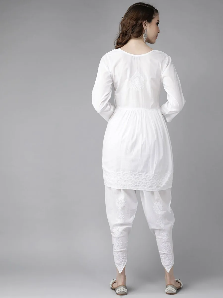 ADA Women White Cotton Sustainable Hand Embroidered Chikankari A-line Handloom Kurta & Dhoti Pants