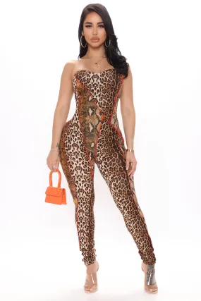 Animal Kingdom Bodycon Jumpsuit - Brown/combo