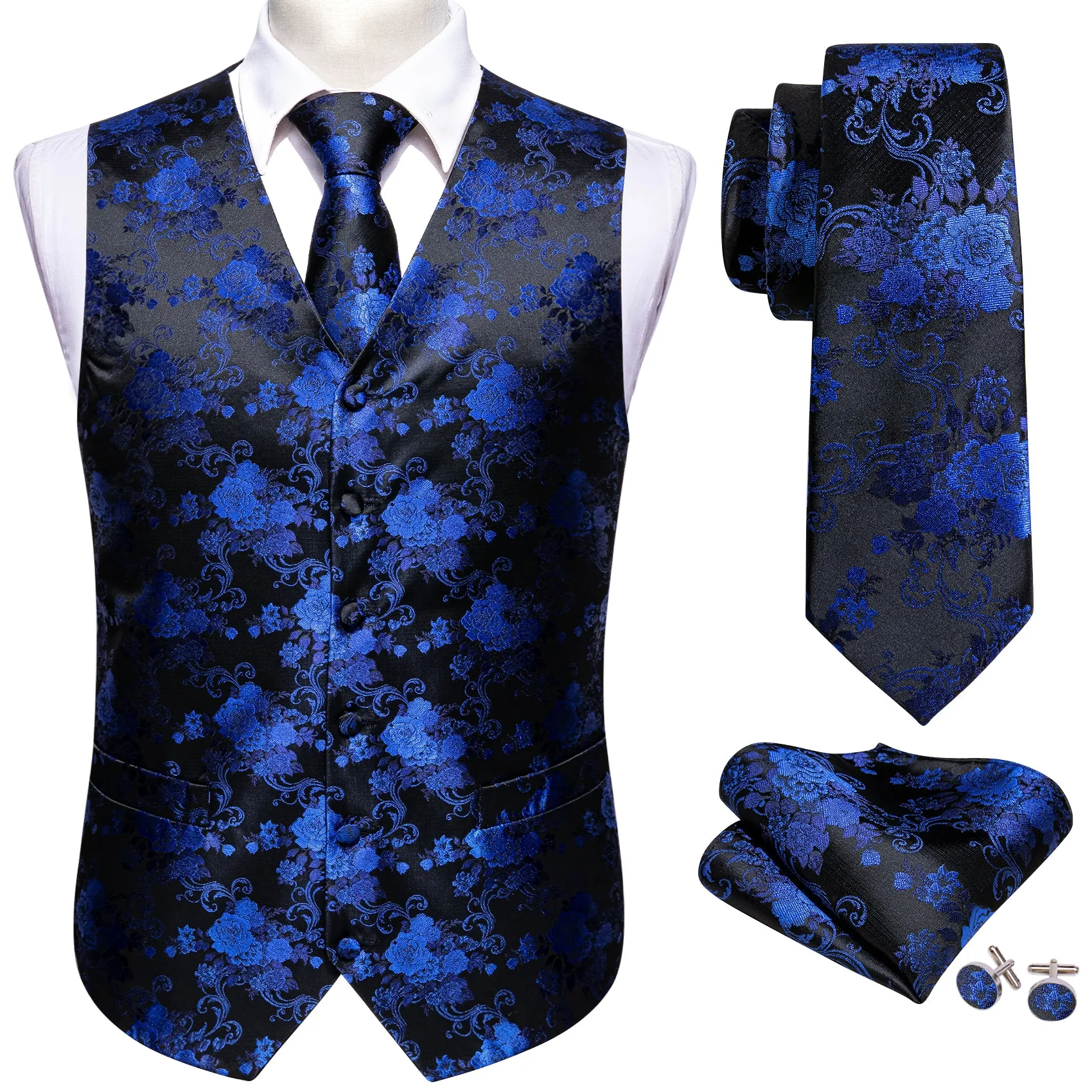 Black Blue Peony Floral Jacquard Silk Men's Vest Hanky Cufflinks Tie Set