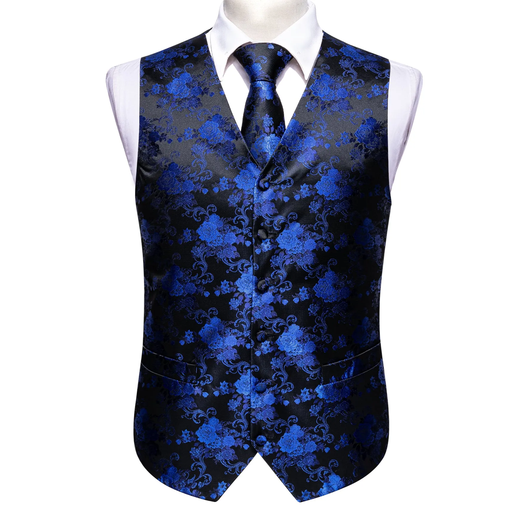Black Blue Peony Floral Jacquard Silk Men's Vest Hanky Cufflinks Tie Set