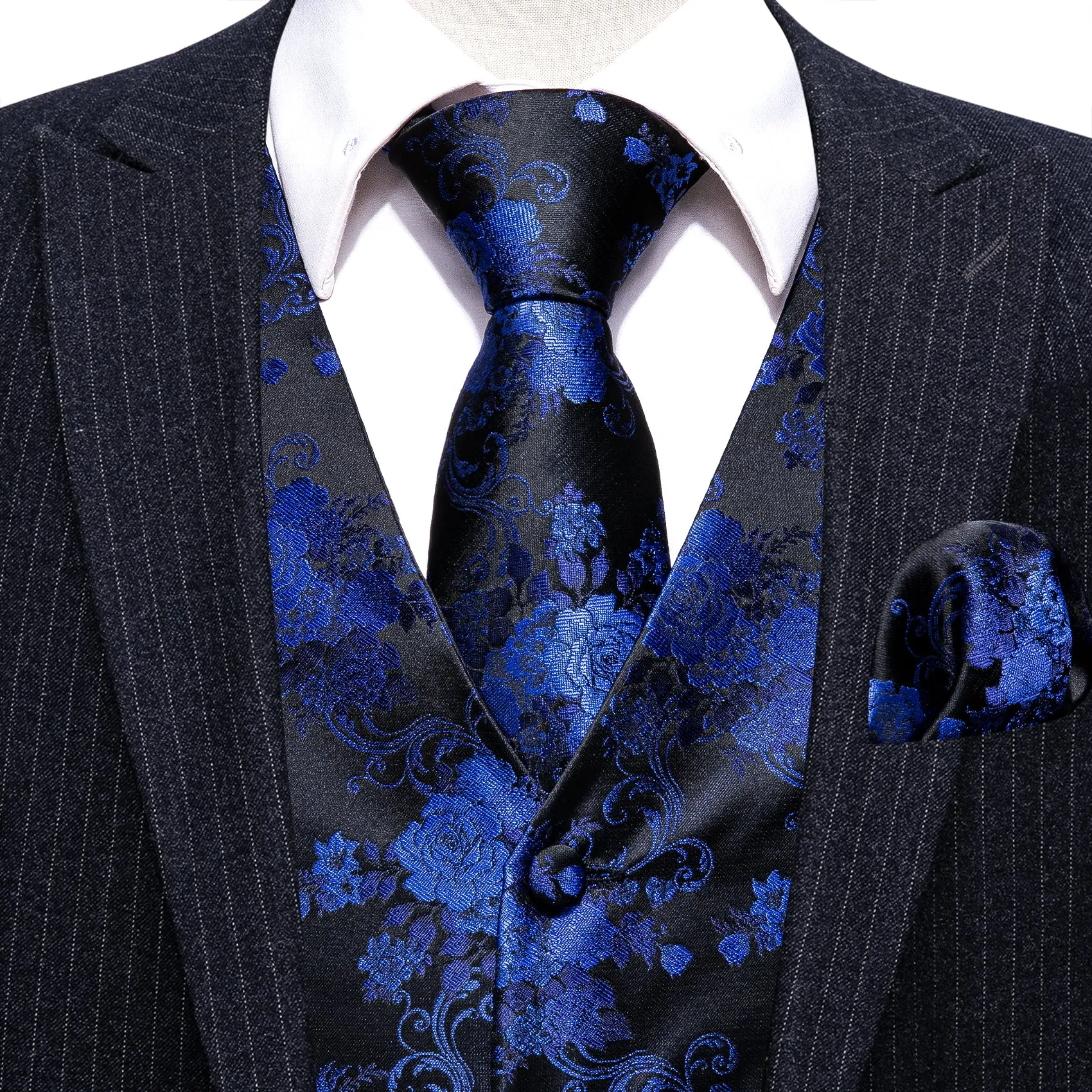 Black Blue Peony Floral Jacquard Silk Men's Vest Hanky Cufflinks Tie Set