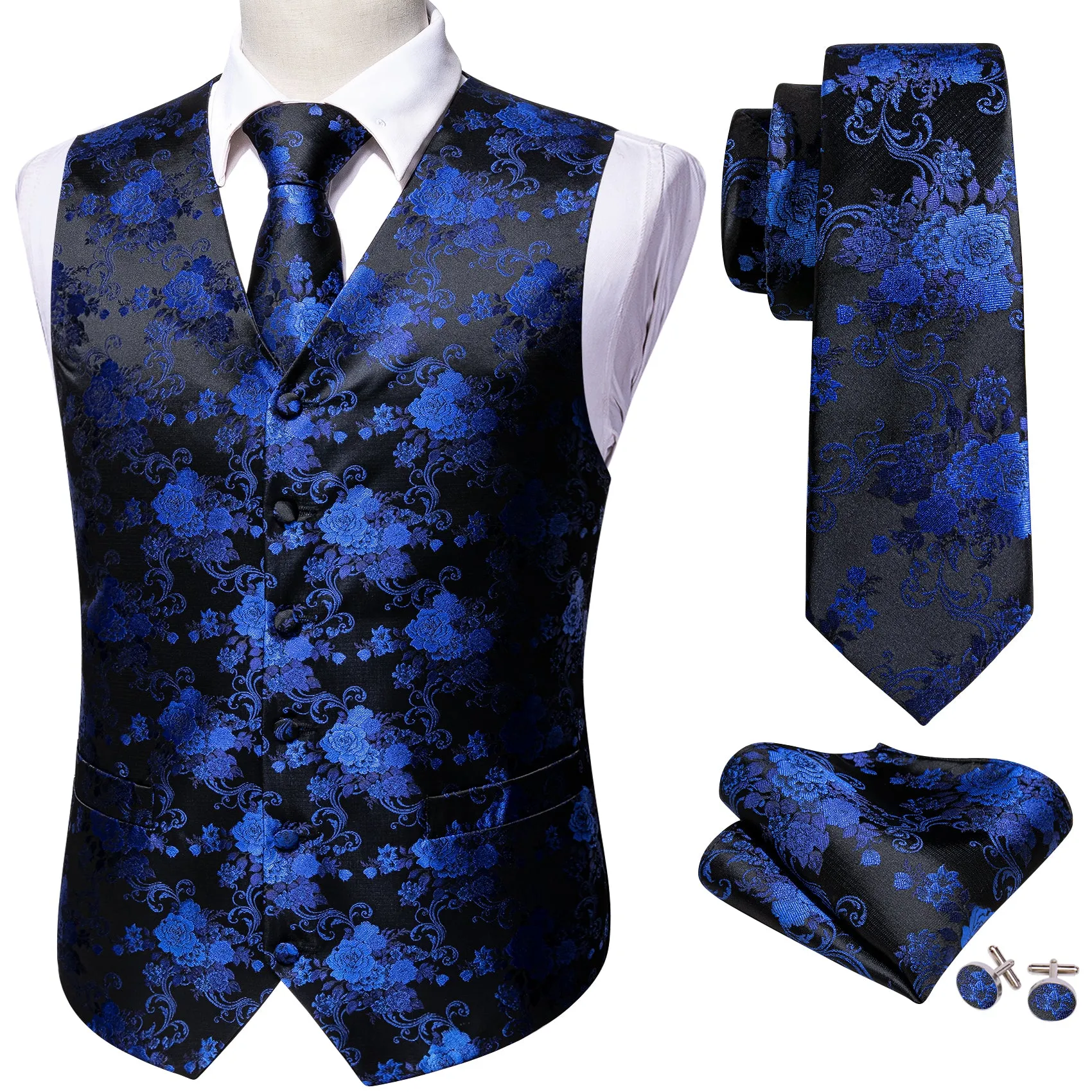 Black Blue Peony Floral Jacquard Silk Men's Vest Hanky Cufflinks Tie Set