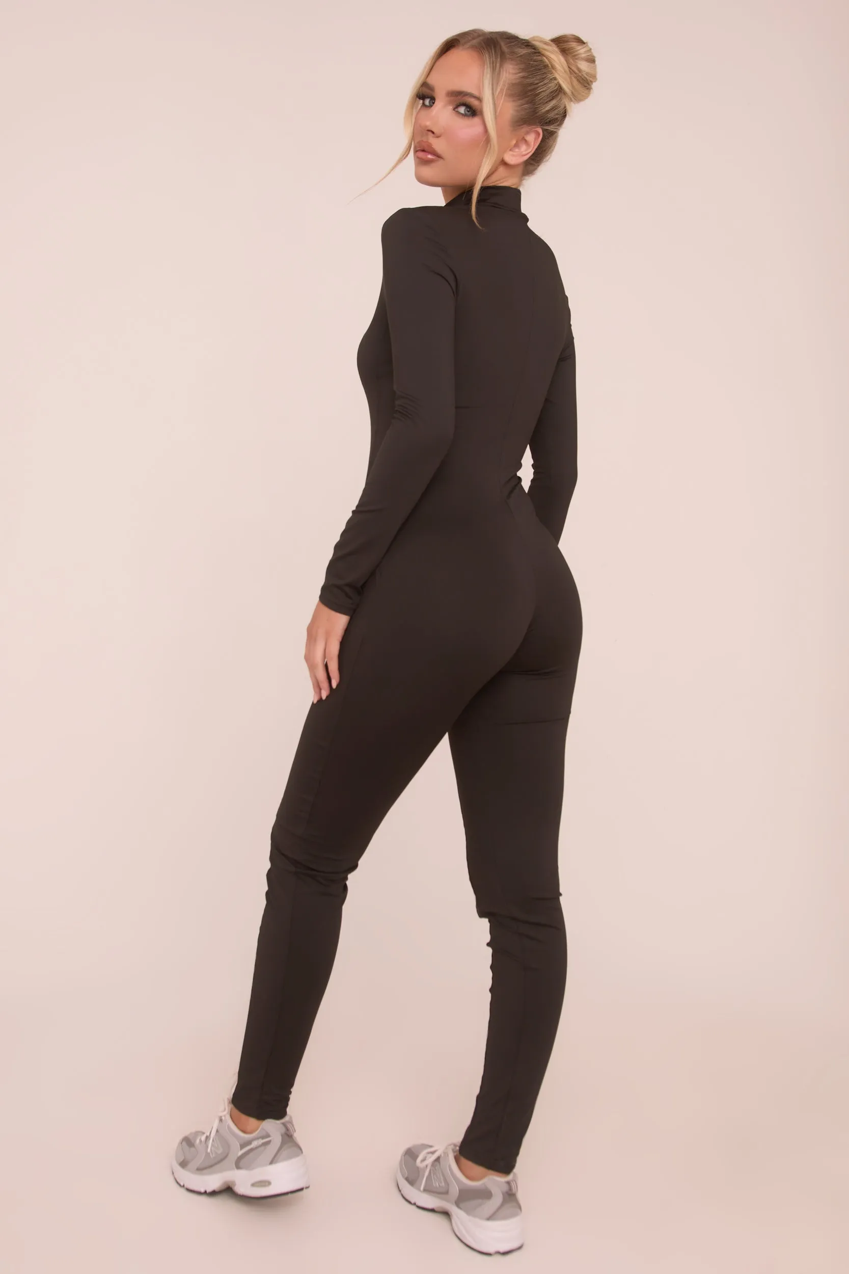 Black Zip Front Long Sleeve Jumpsuit - Whitney