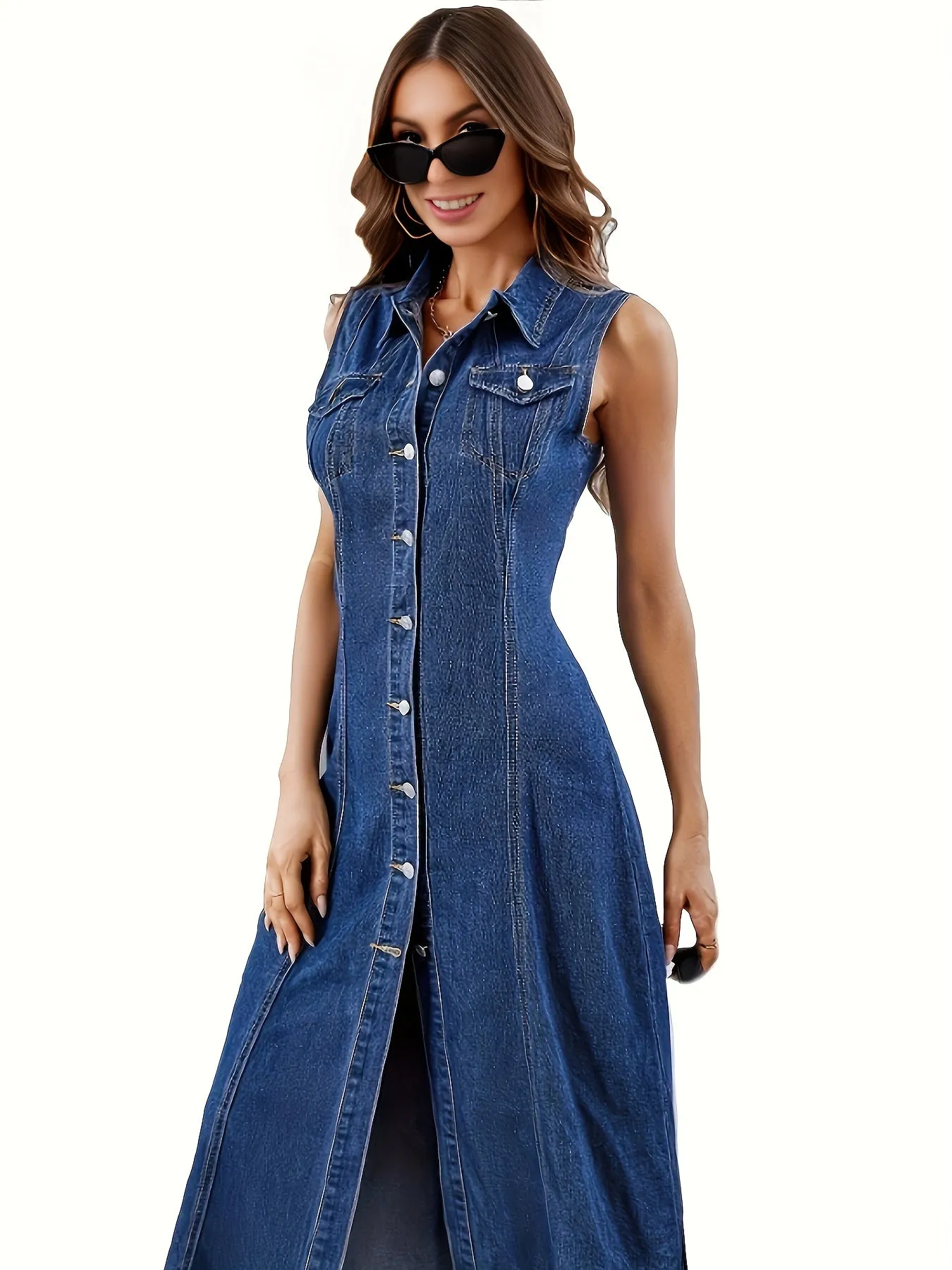 Chic All-Season Sleeveless Denim Dress – Women's Casual Vest with Easy-Care Regular Fit and Functional Pockets