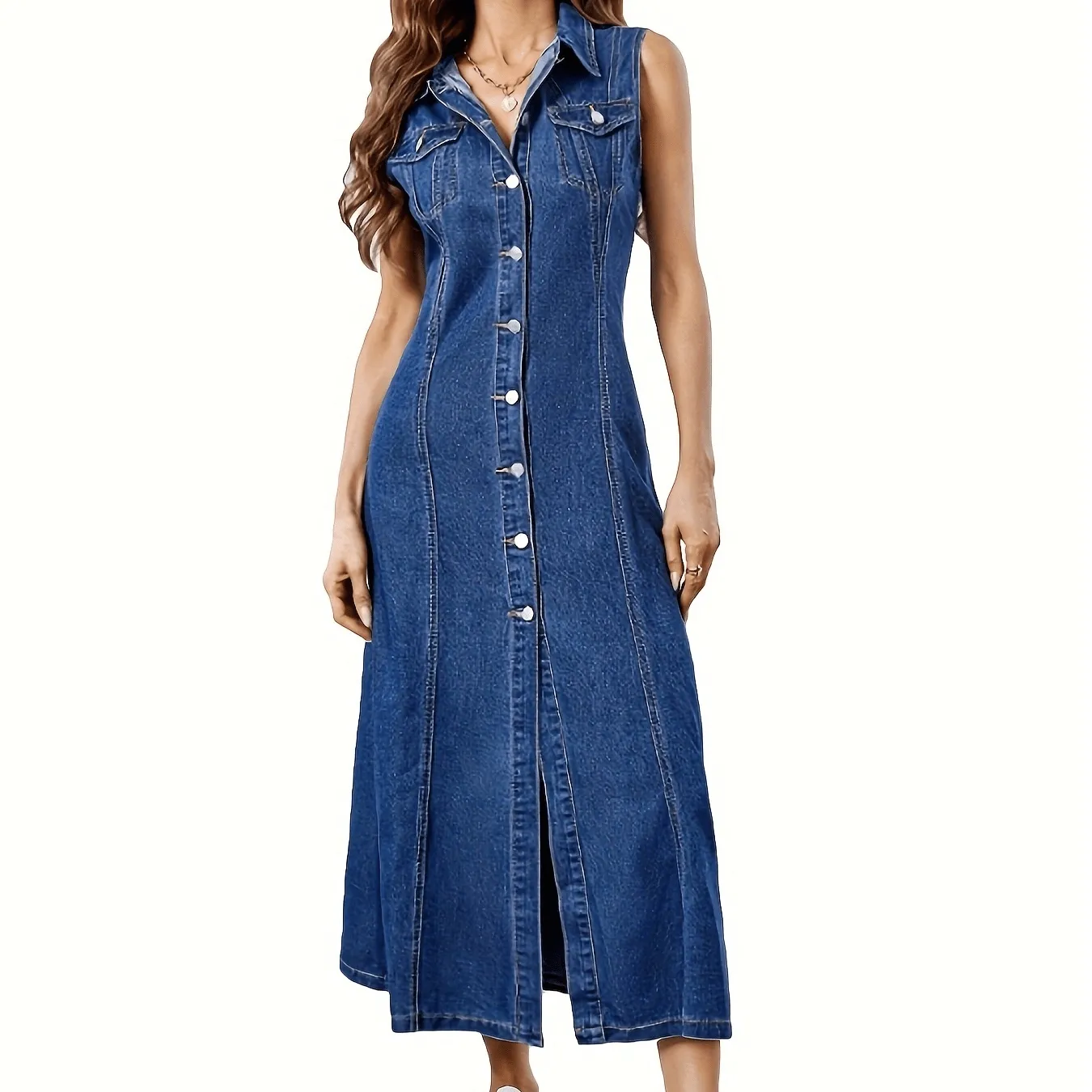 Chic All-Season Sleeveless Denim Dress – Women's Casual Vest with Easy-Care Regular Fit and Functional Pockets