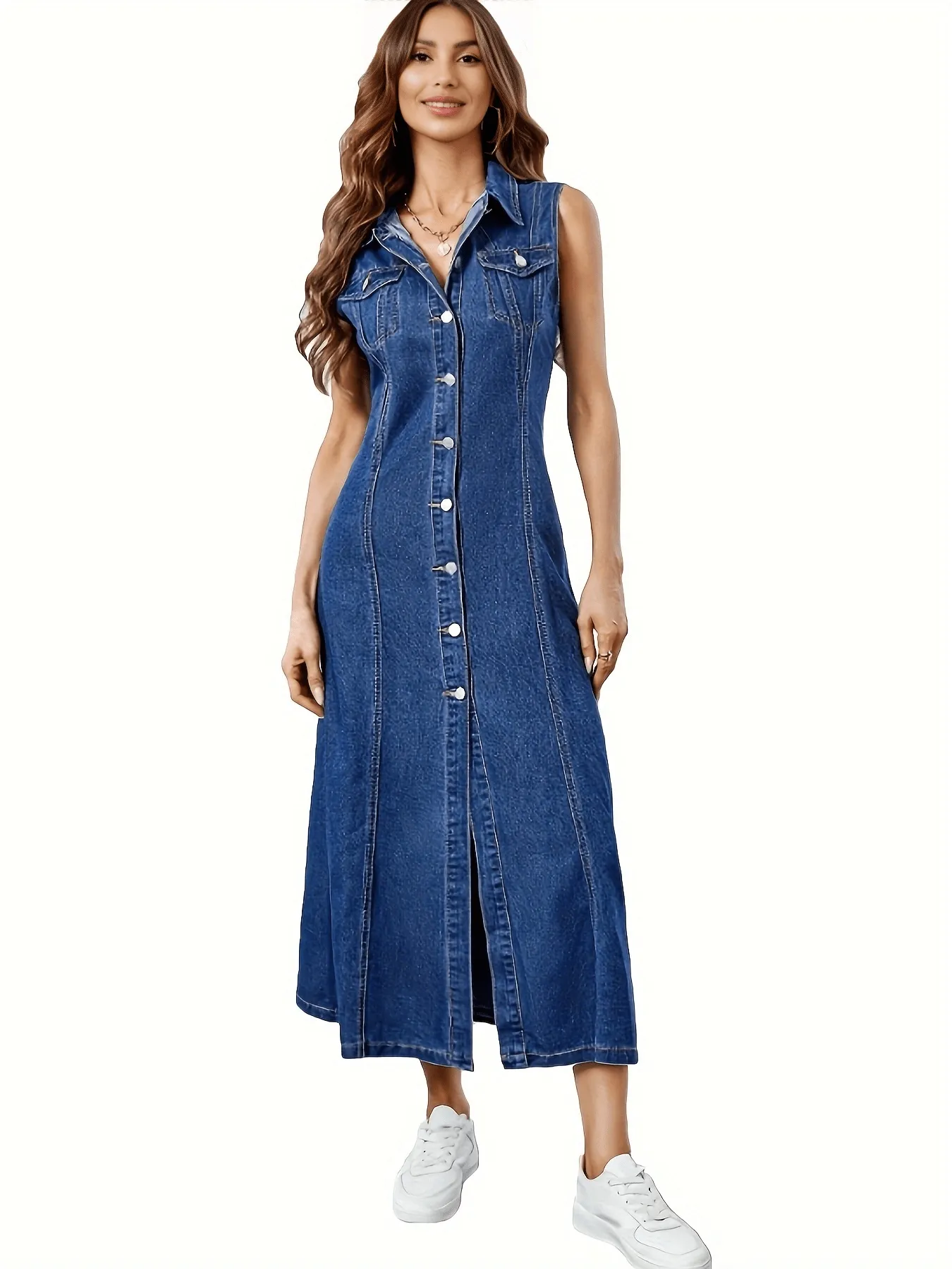 Chic All-Season Sleeveless Denim Dress – Women's Casual Vest with Easy-Care Regular Fit and Functional Pockets