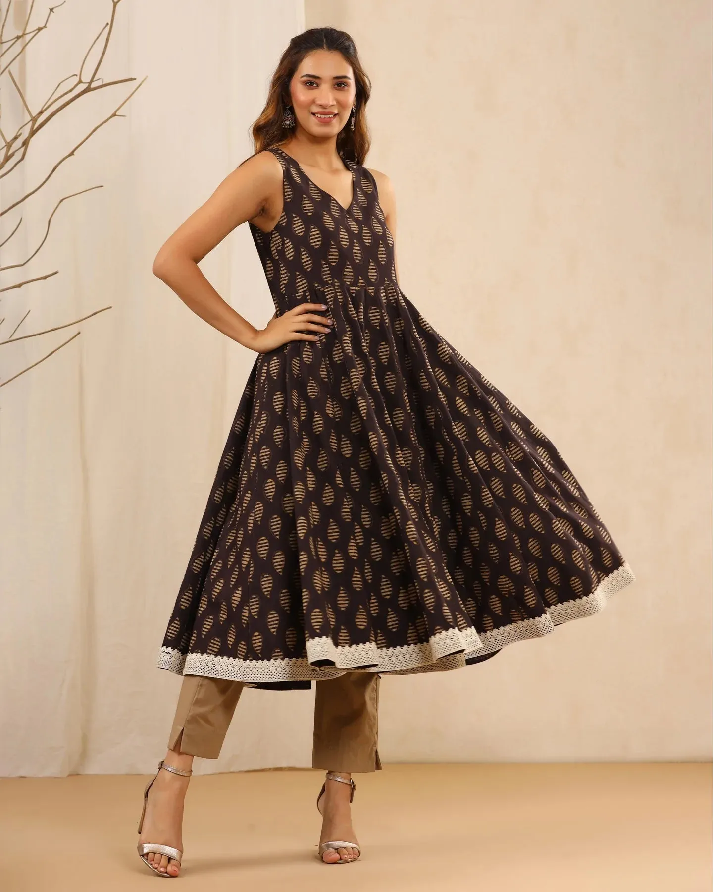 Dark Cotton Printed Anarkali Suit Set with Dupatta