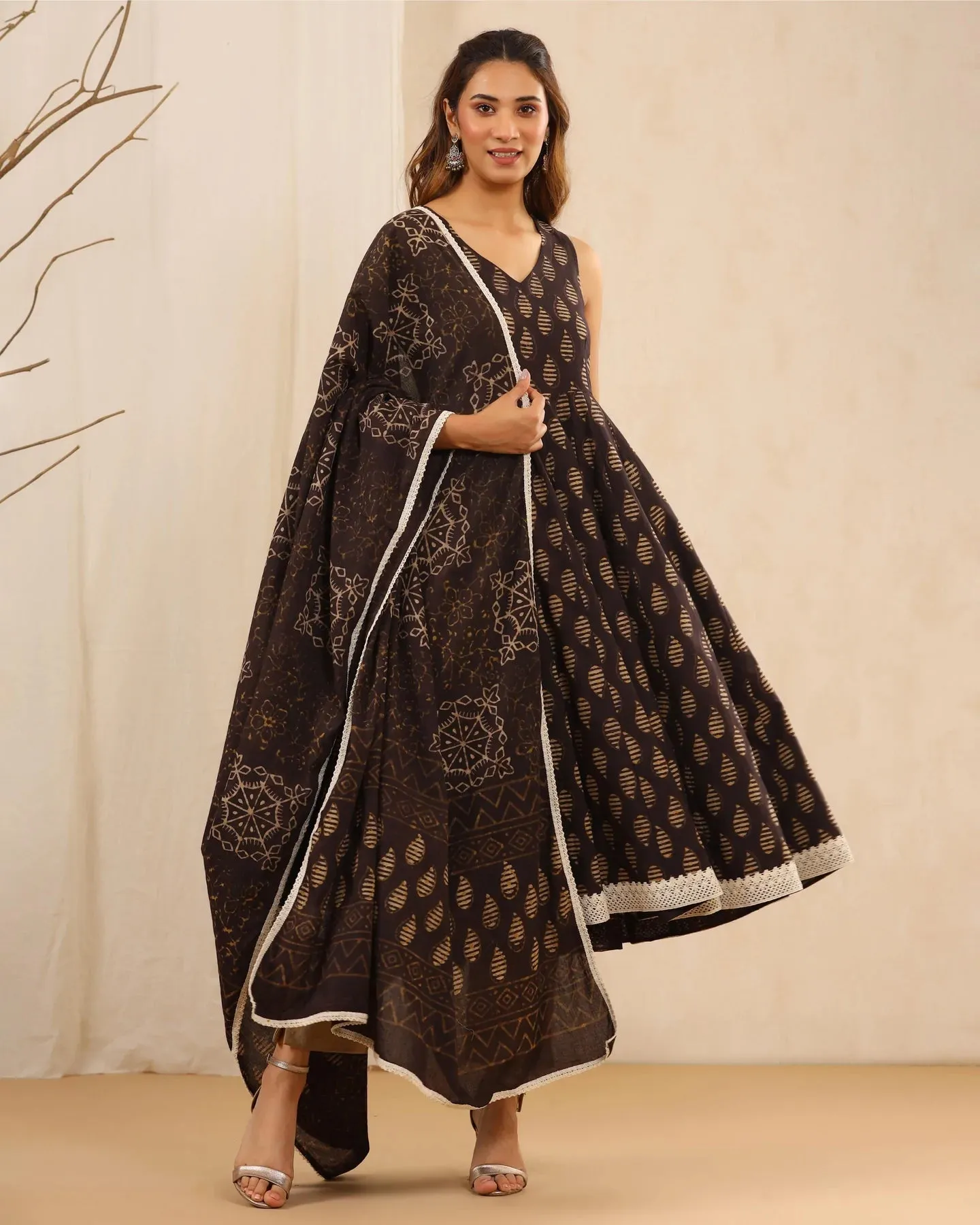 Dark Cotton Printed Anarkali Suit Set with Dupatta