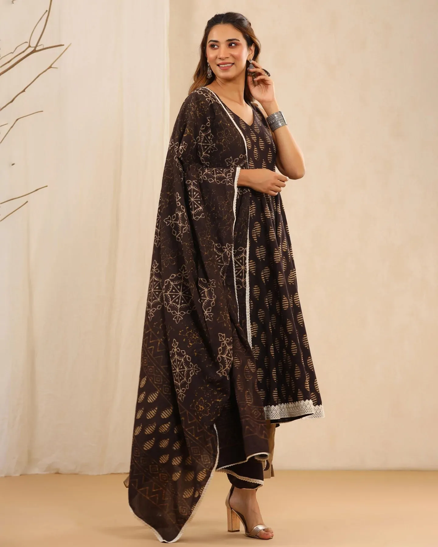 Dark Cotton Printed Anarkali Suit Set with Dupatta