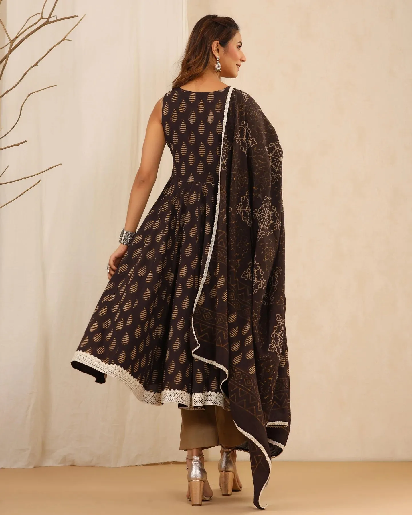 Dark Cotton Printed Anarkali Suit Set with Dupatta