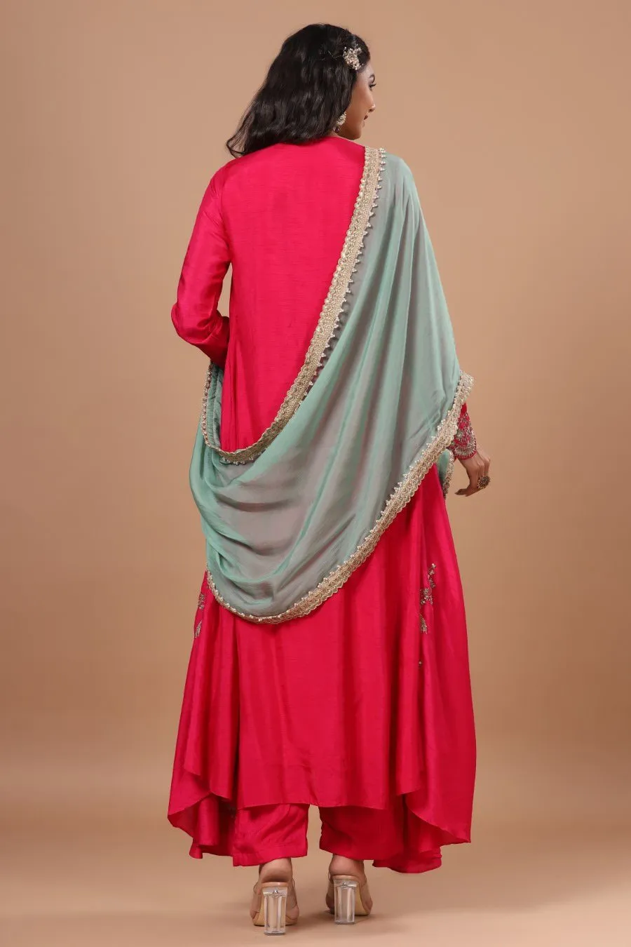 Festive Rani Pink Russian Silk Embellished Kurta Pant Set With Dupatta