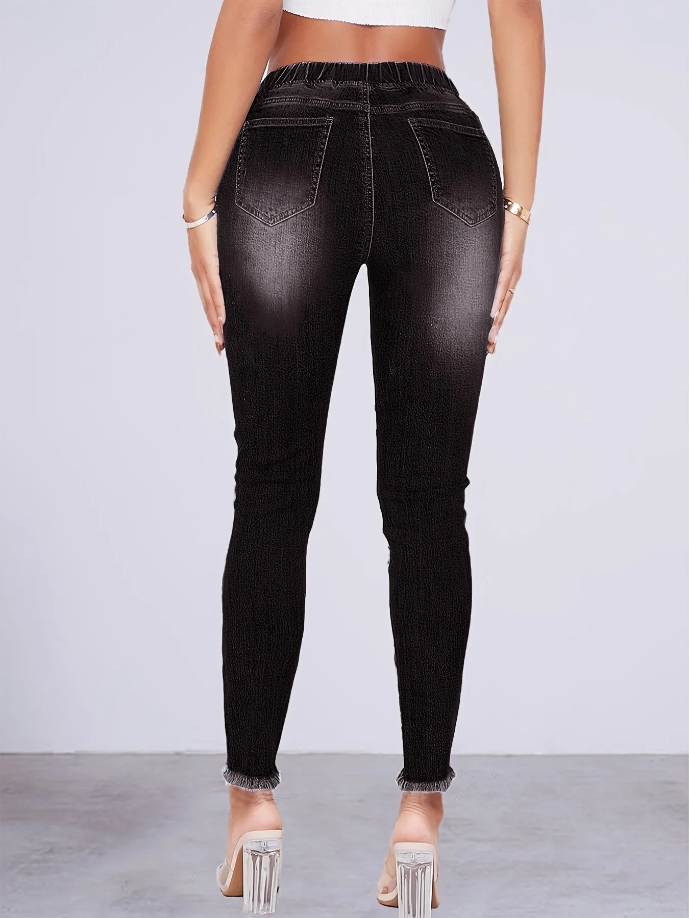 High Waist Ripped Skinny Jeans Raw Hem Slash Pocket Casual