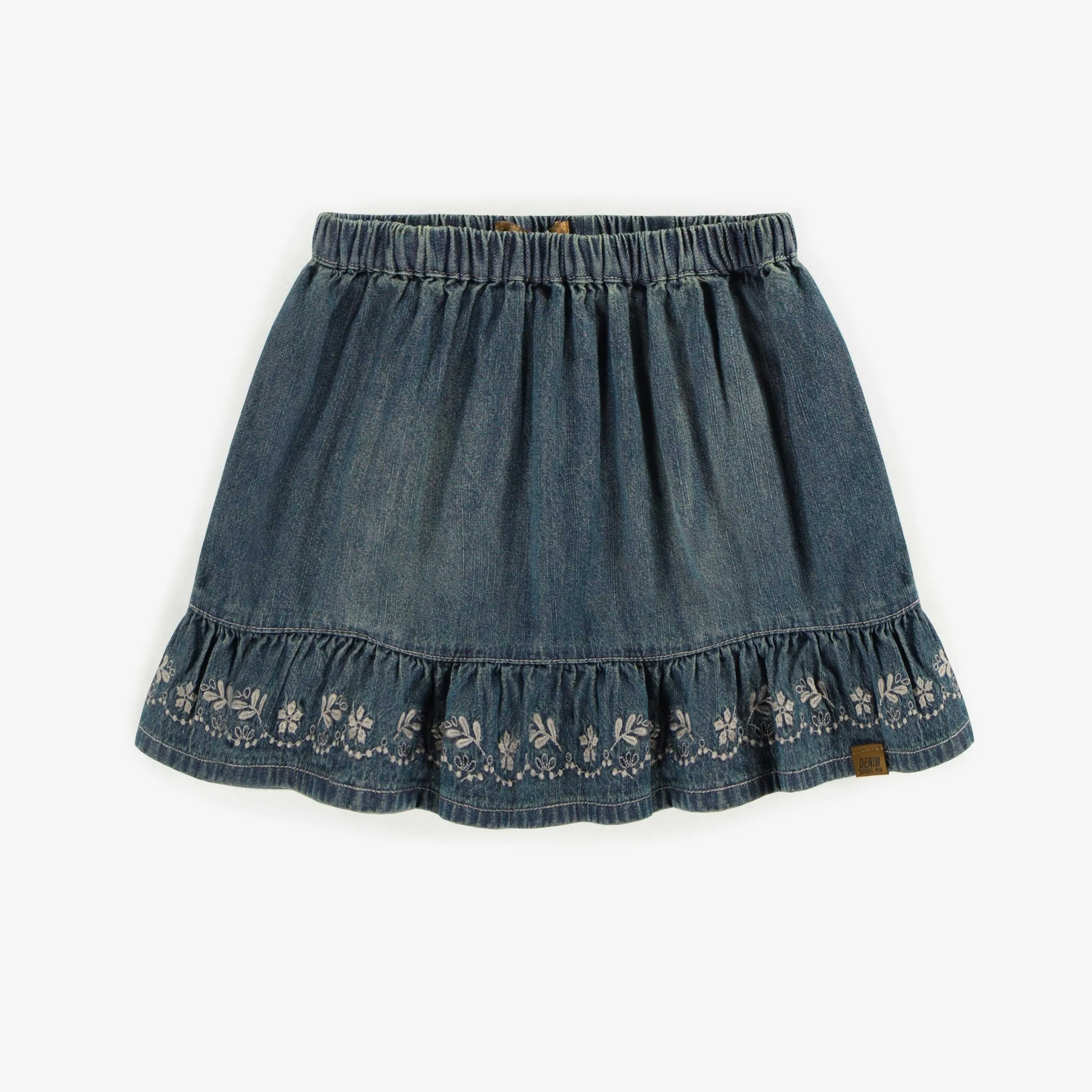 Jupe courte en denim léger, bleu moyen, enfant || Light denim short skirt with flower embroidery, child