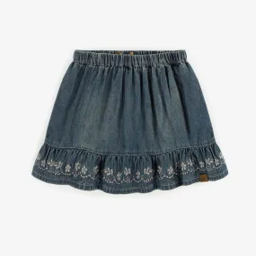 Jupe courte en denim léger, bleu moyen, enfant || Light denim short skirt with flower embroidery, child
