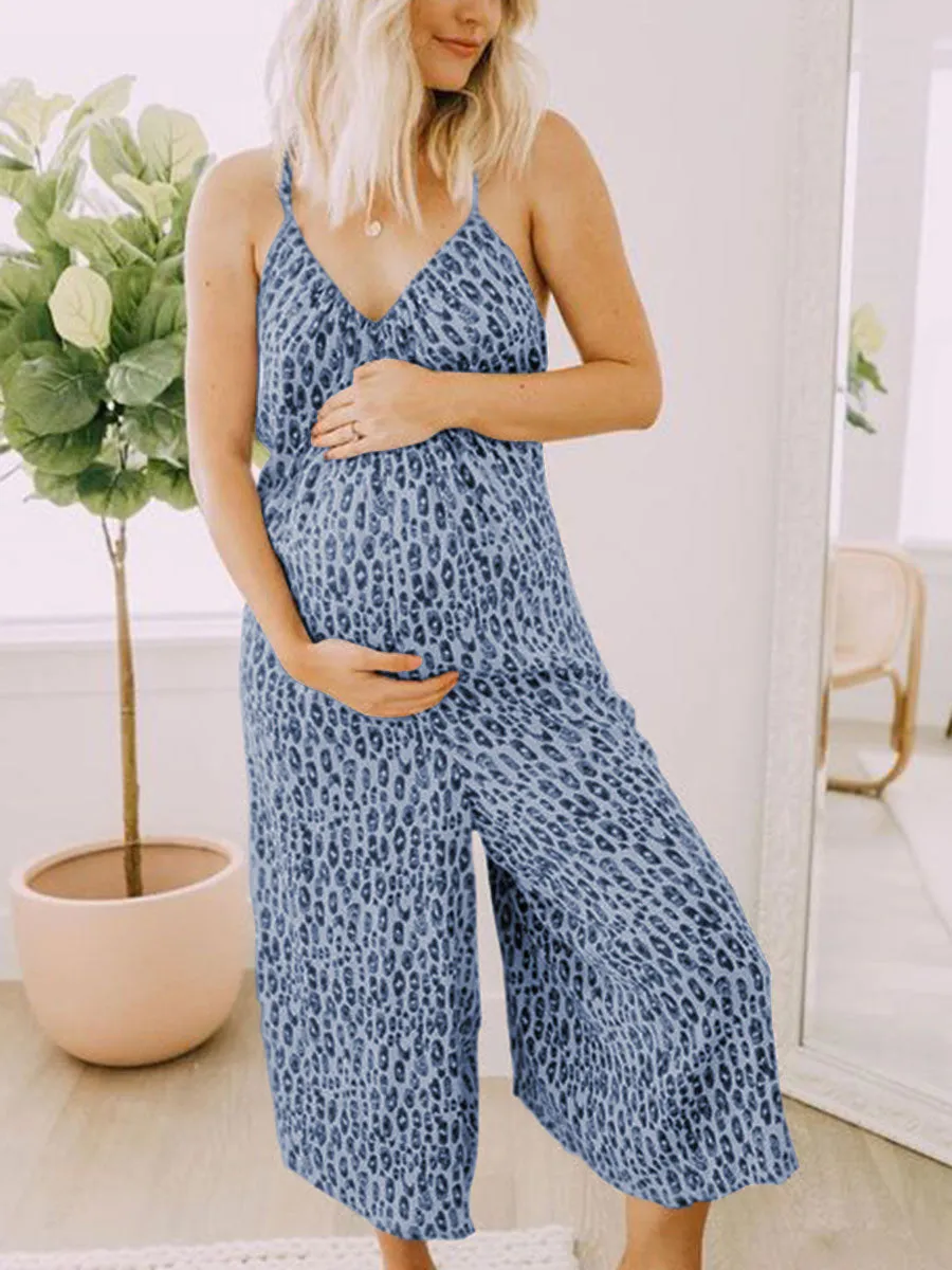 Leopard Print Sexy Deep V-Neck Sling Maternity Jumpsuit