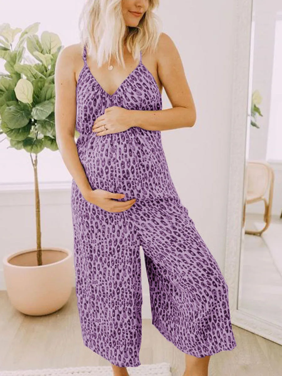 Leopard Print Sexy Deep V-Neck Sling Maternity Jumpsuit
