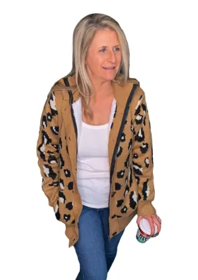 Leopard Sweater Coat with Faux Fur Lining - Brown