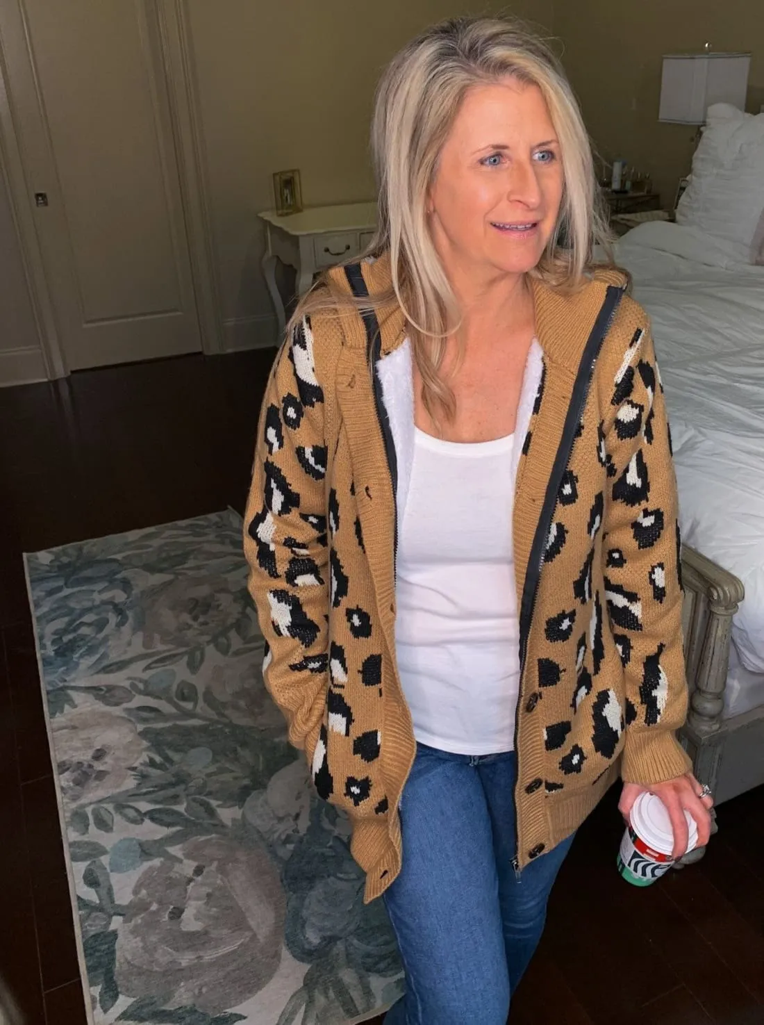 Leopard Sweater Coat with Faux Fur Lining - Brown