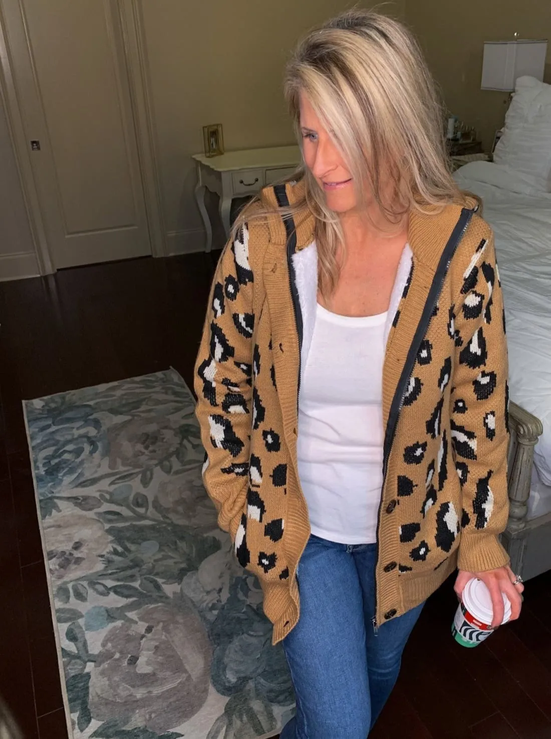Leopard Sweater Coat with Faux Fur Lining - Brown