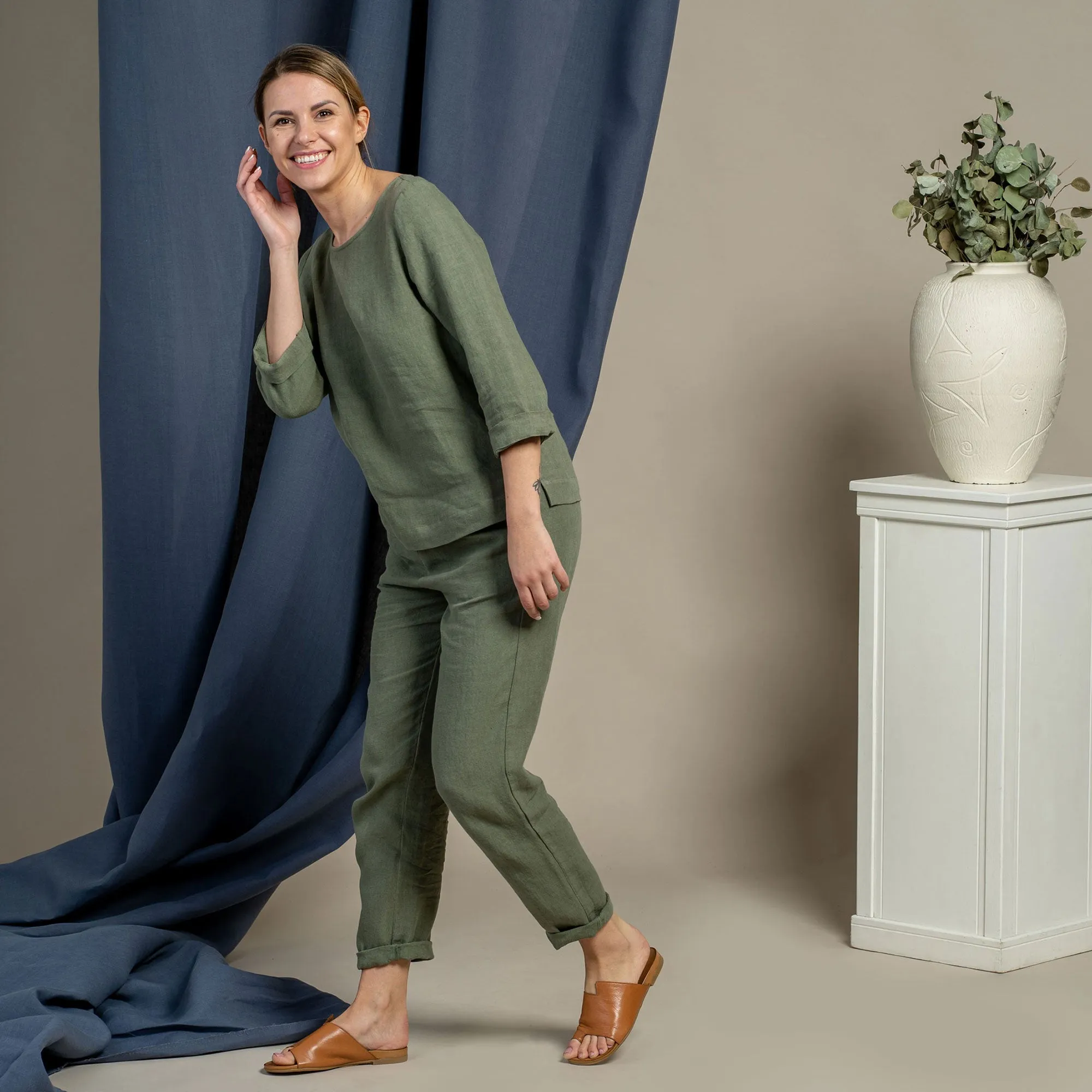 Linen Long Sleeve Blouse & Pants 2-Piece Stone Green