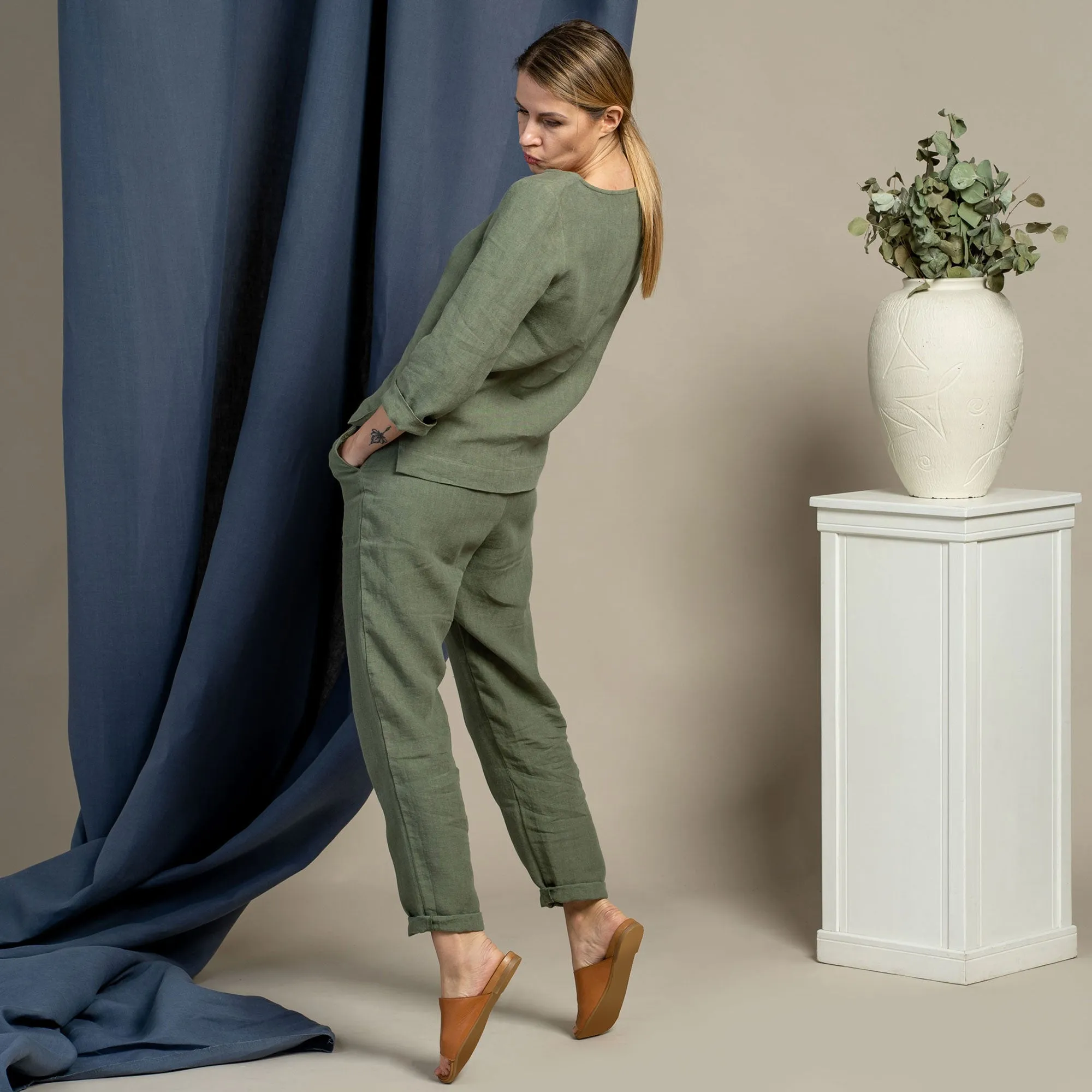 Linen Long Sleeve Blouse & Pants 2-Piece Stone Green