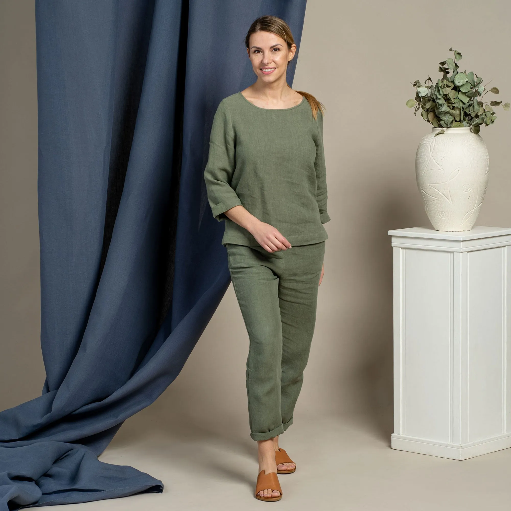 Linen Long Sleeve Blouse & Pants 2-Piece Stone Green