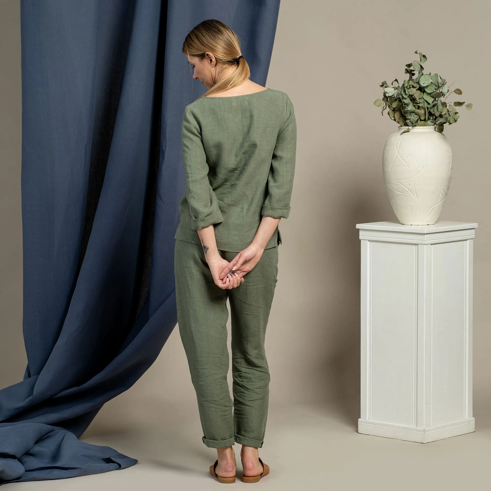 Linen Long Sleeve Blouse & Pants 2-Piece Stone Green