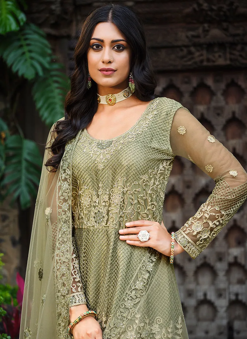 Olive Green Embroidery Wedding Anarkali Suit