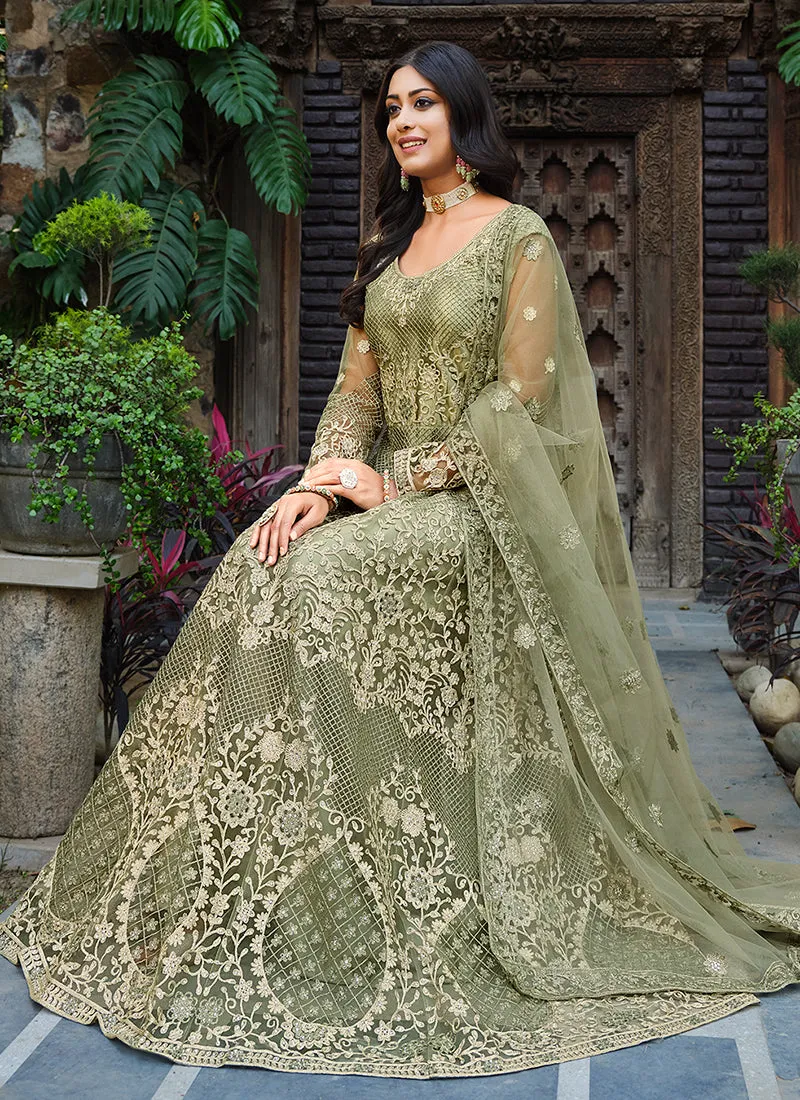 Olive Green Embroidery Wedding Anarkali Suit