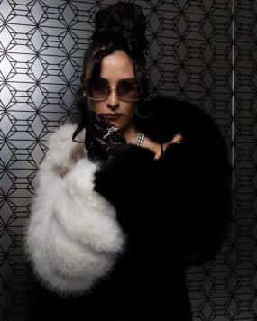 Osaka Black and White Faux Fur Ribbed Sleeves Shawl