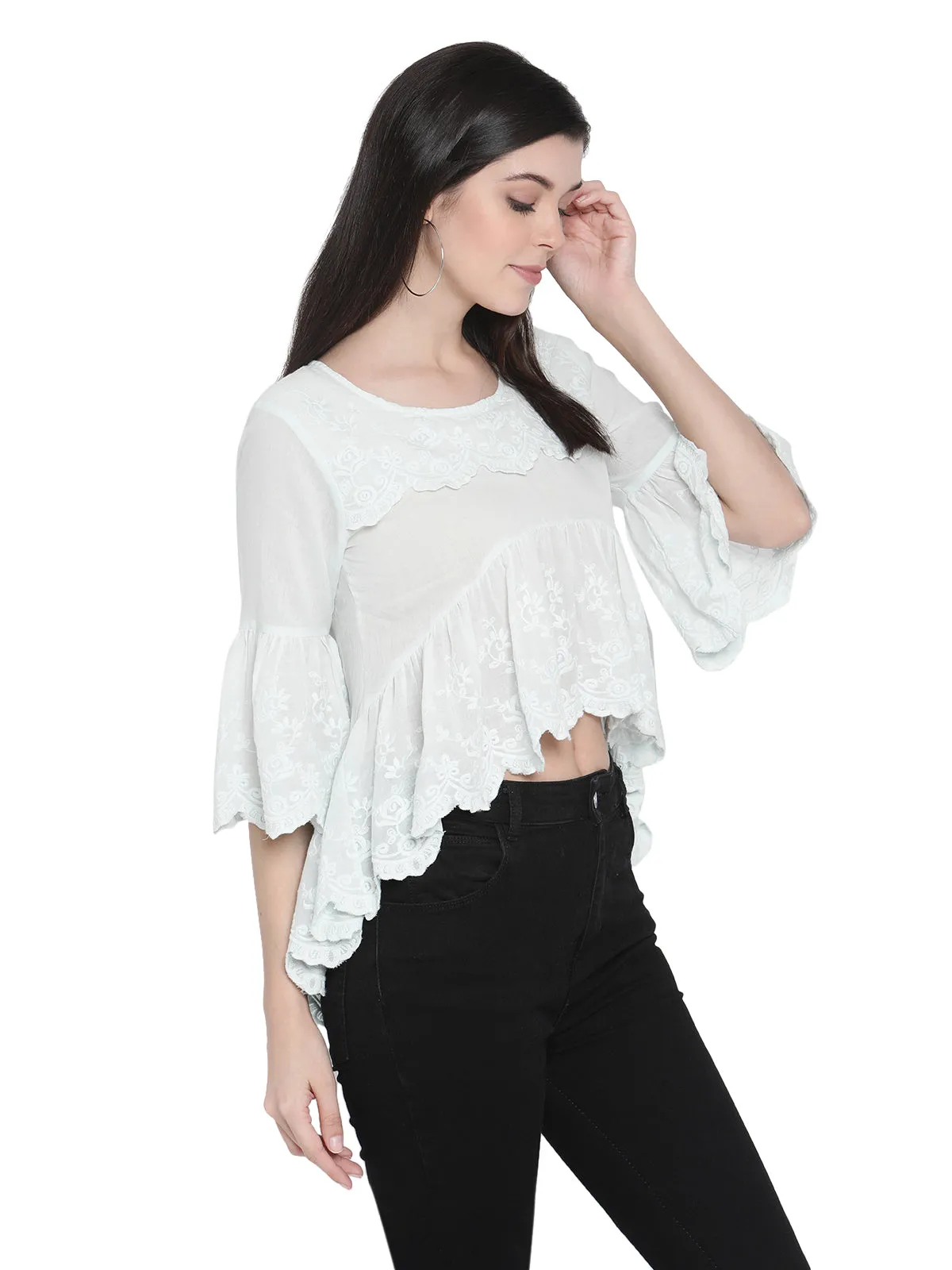 Porsorte Womens Cotton embroidery Bell Sleeve Light Blue Top