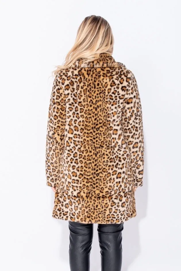 RHIAN Leopard Faux Fur Edge To Edge Mid Length Jacket