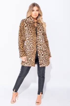 RHIAN Leopard Faux Fur Edge To Edge Mid Length Jacket