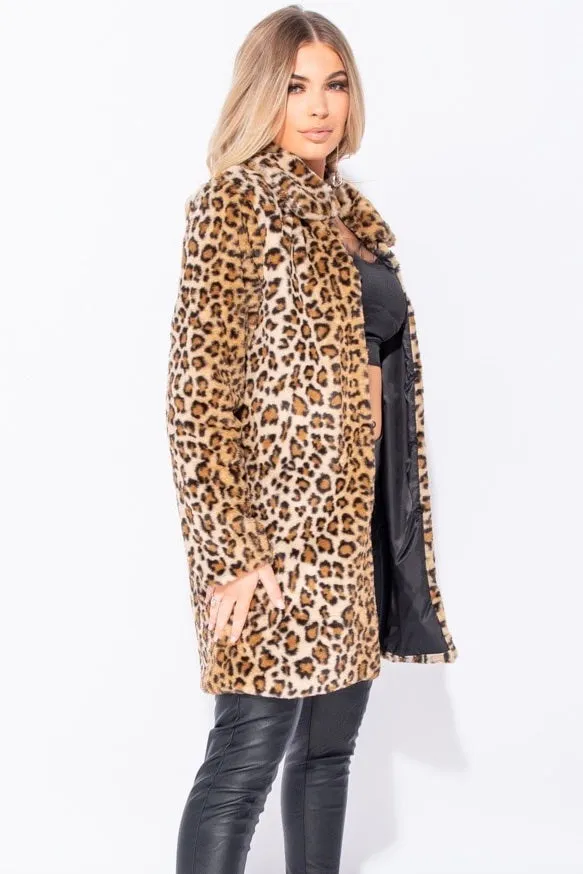 RHIAN Leopard Faux Fur Edge To Edge Mid Length Jacket
