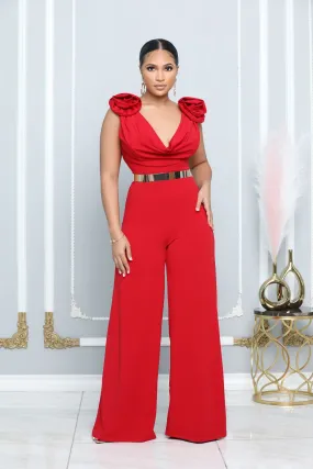 ROSETTE RUFFLE SHOULDER COWL NECKLINE JUMPSUIT (RED)