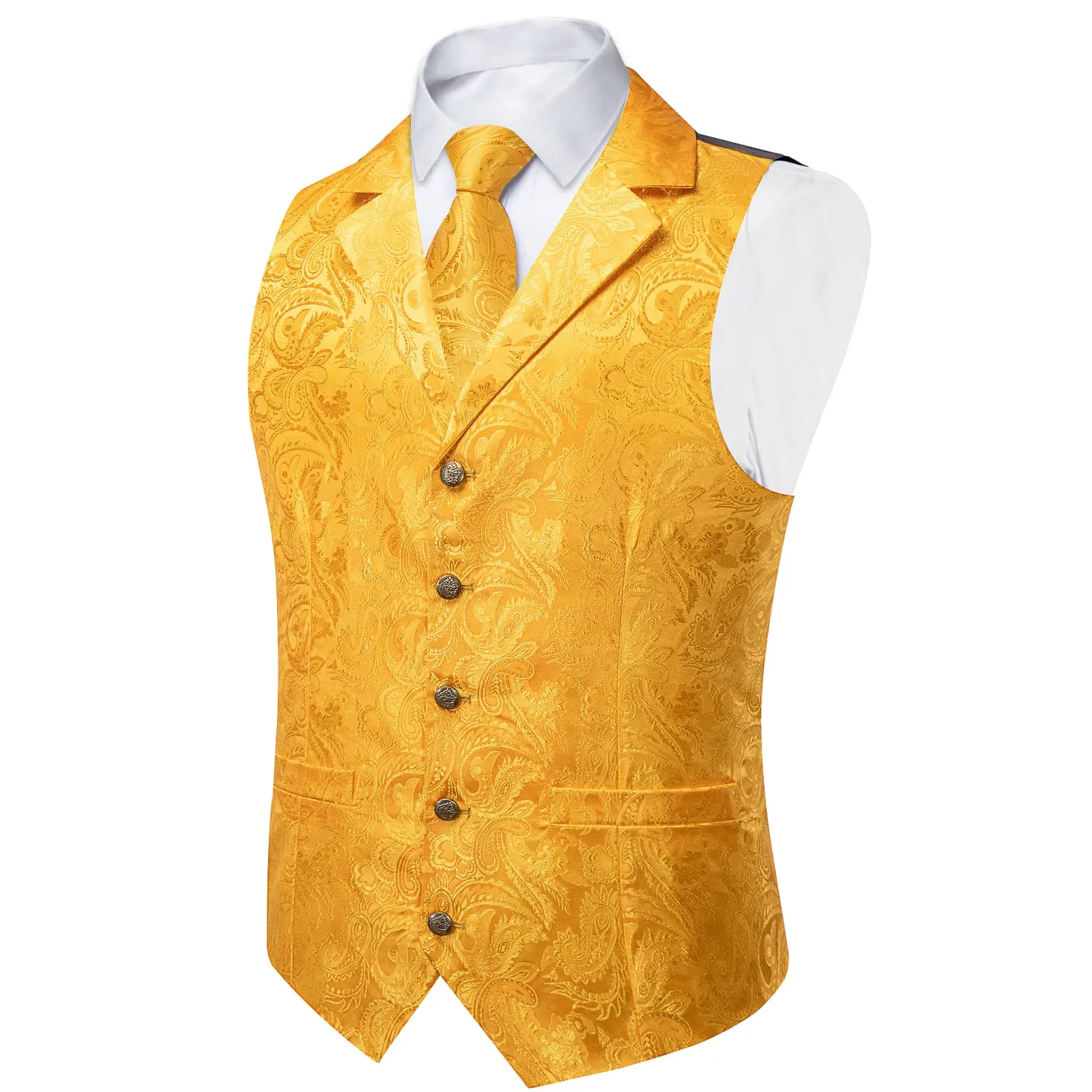 Ties2you Dress Vest Urobilin Yellow Paisley Notched Collar Silk Mens Waistcoat Tie Set
