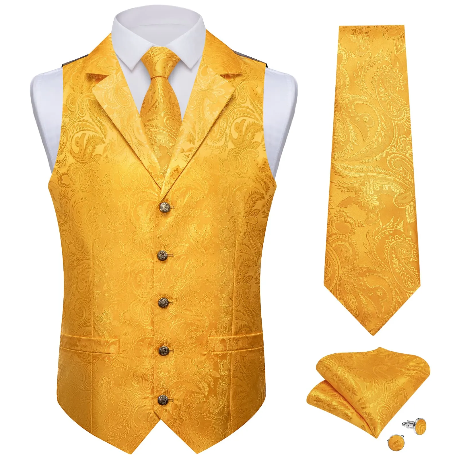 Ties2you Dress Vest Urobilin Yellow Paisley Notched Collar Silk Mens Waistcoat Tie Set