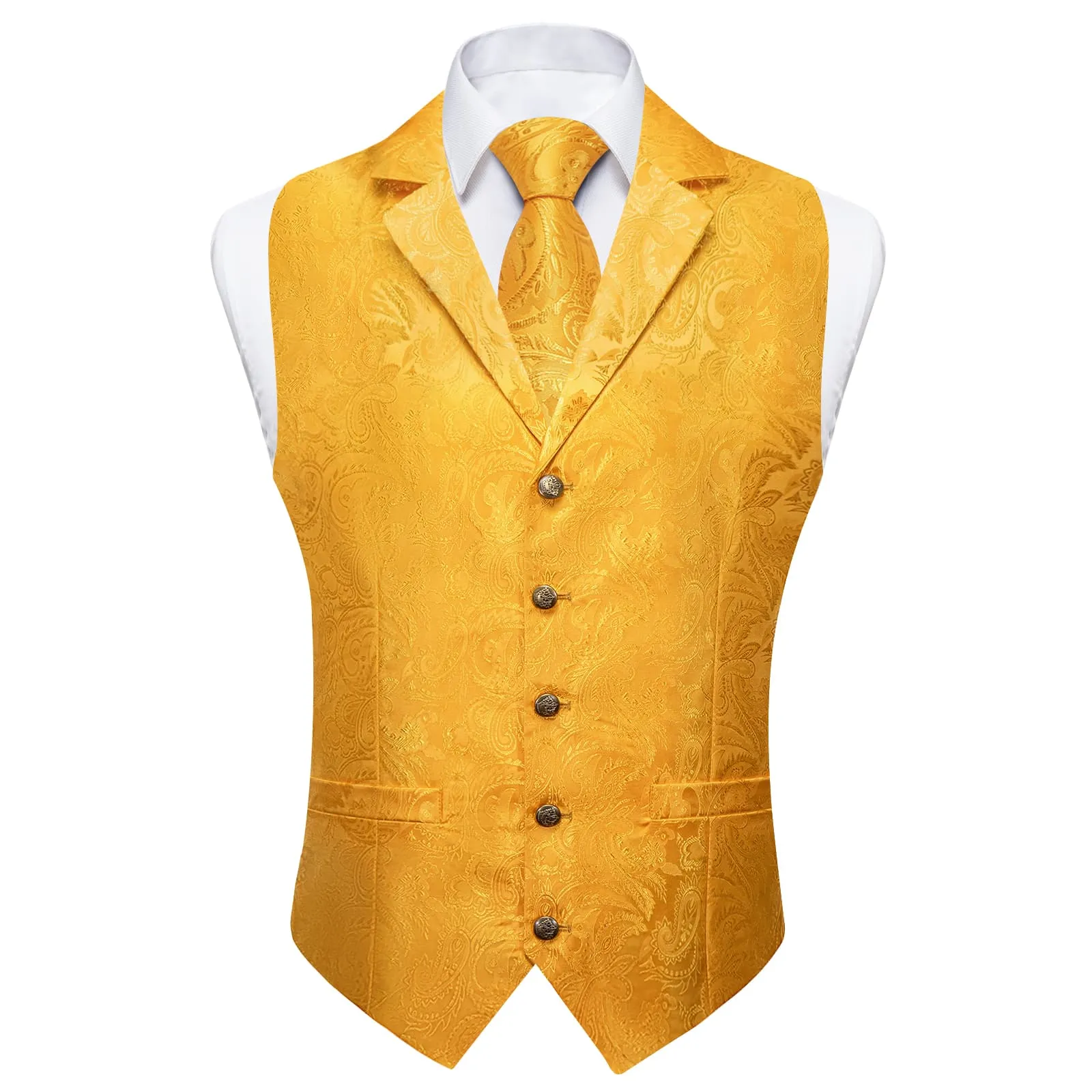 Ties2you Dress Vest Urobilin Yellow Paisley Notched Collar Silk Mens Waistcoat Tie Set