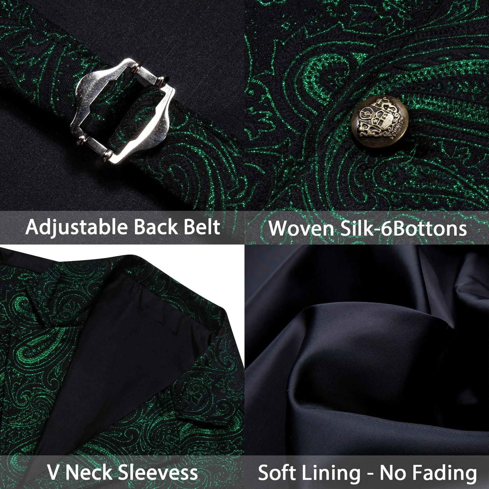 Ties2you Men's Vest Black Green Paisley Jacquard Notched Collar Slim Victorian Suit Vest