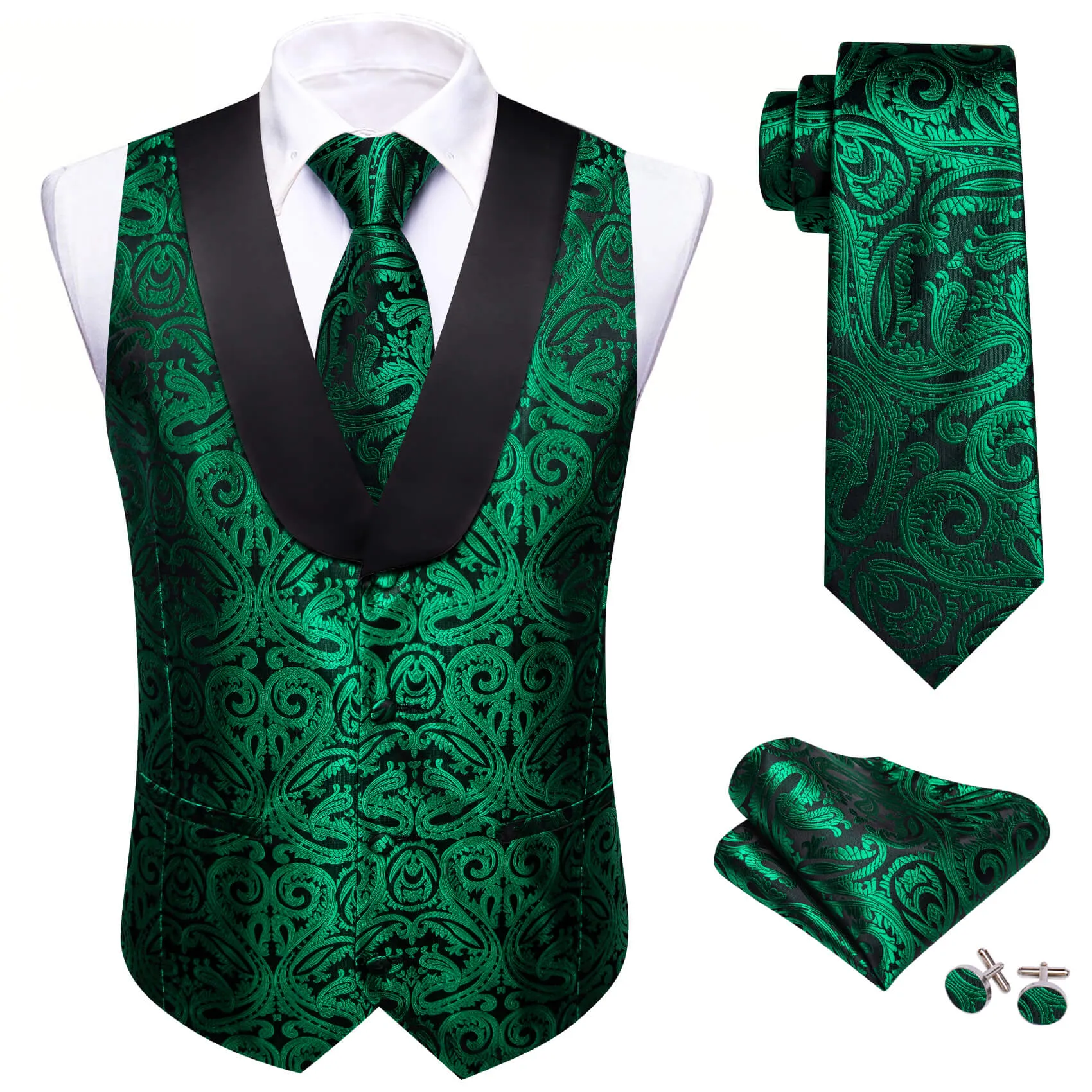 Ties2you Men's Vest Forest Green Paisley Shawl Collar Silk Vest Tie Set