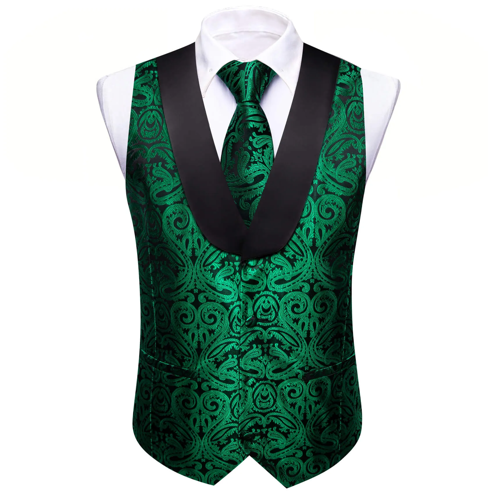 Ties2you Men's Vest Forest Green Paisley Shawl Collar Silk Vest Tie Set