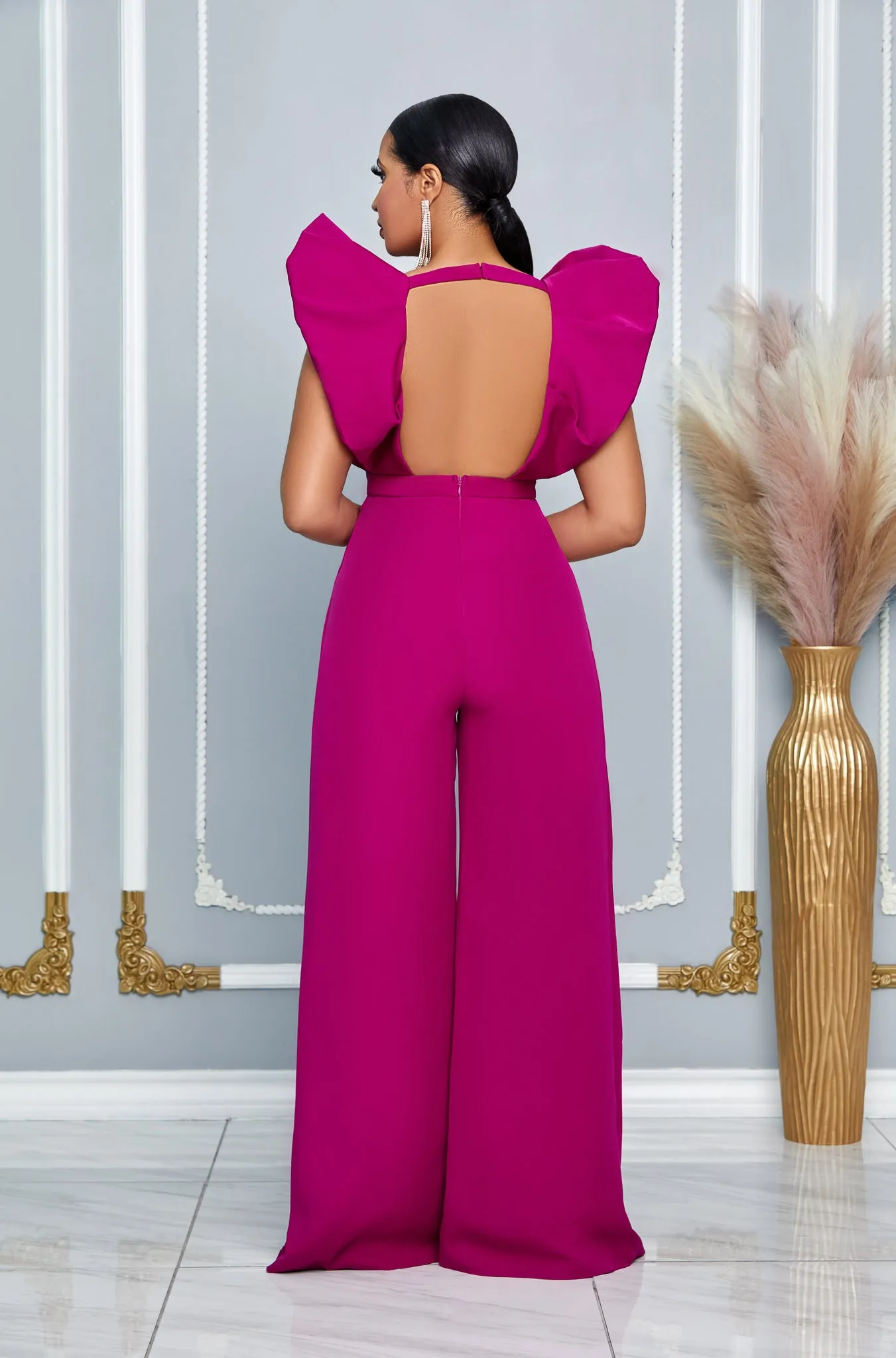 V NECKLINE PUFF SHOULDER SLIT LEG JUMPSUIT (MAGENTA)